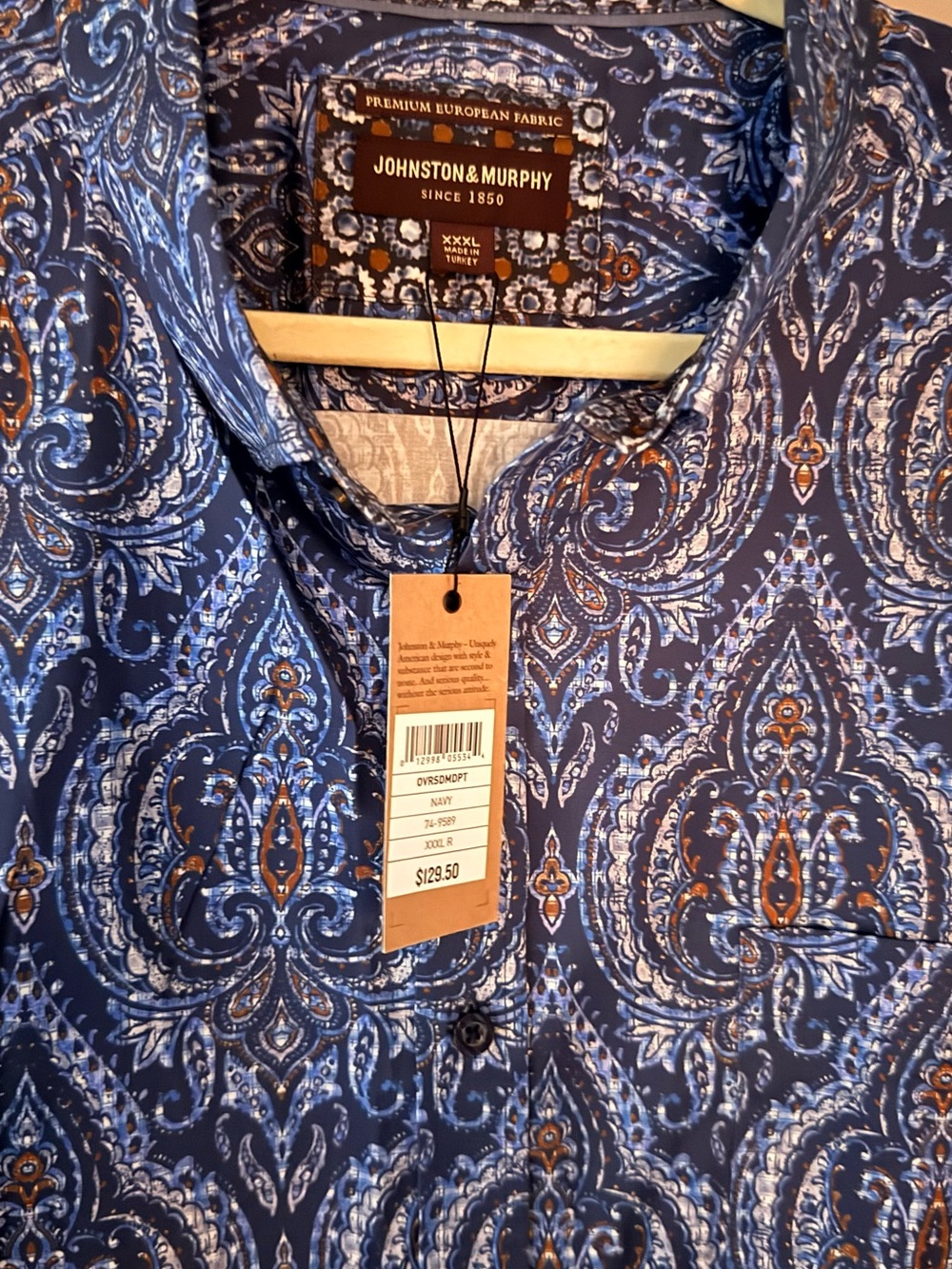 Johnston & Murphy Navy Paisley-Print Button-Down Shirt with Brown Accents